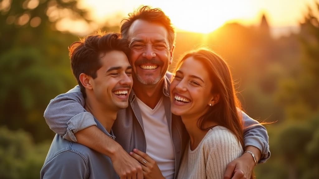 Familia colombiana sonriendo juntos — resultado dental Cali